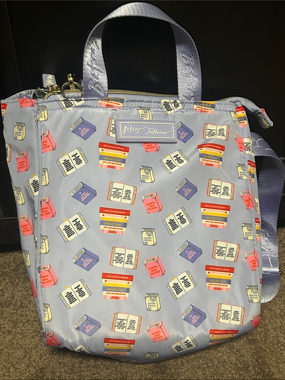 Betsey Johnson Lavender Book Pattern Tote with Pink & Yellow Accents